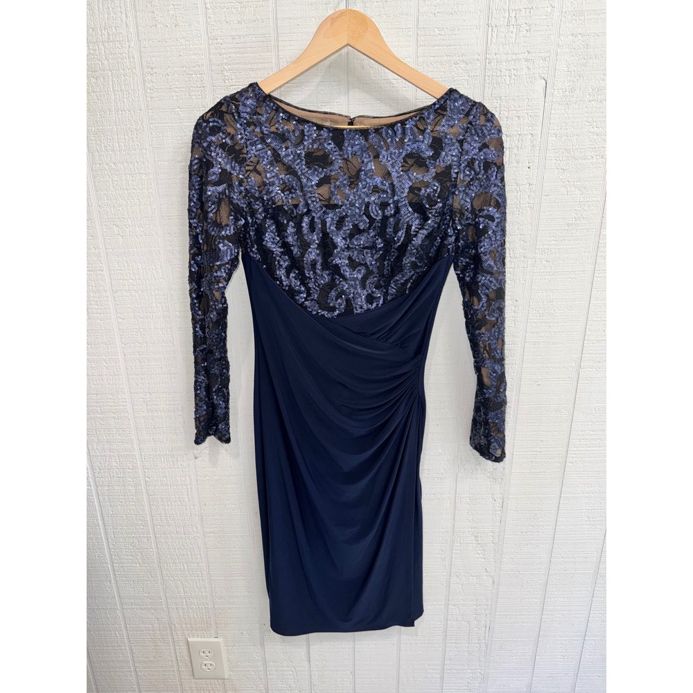 Lauren Ralph Lauren Cocktail Dress Women Navy Sequin Lace Draped Faux Wrap 2